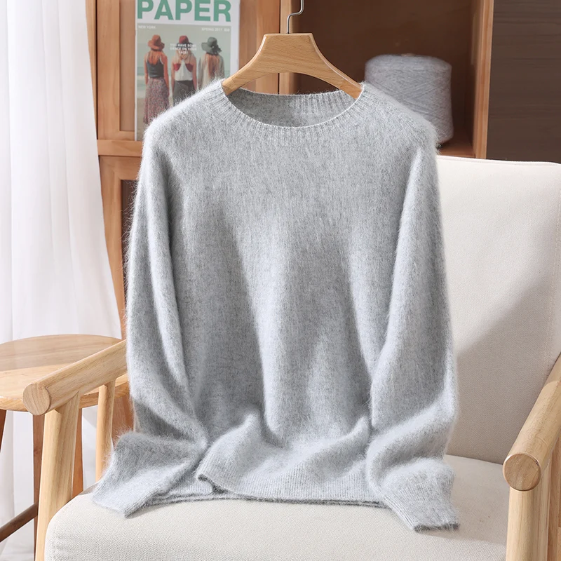 Jersey básico para mujer, suéter de cachemira de visón 100%, suéter suave de punto con cuello redondo para otoño e invierno, camiseta nueva cálida de manga larga