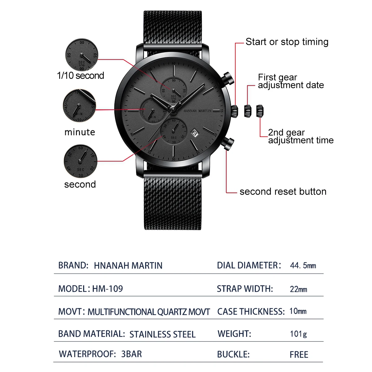 Reloj de marca HANNAH MARTIN para hombre, reloj de pulsera de cuarzo multifuncional deportivo resistente al agua de acero inoxidable negro, reloj Masculino