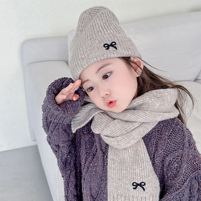 Gorros de punto coreanos para niños, traje de bufandas, gorro de invierno para niños, gorro grueso suave para niñas y niños, gorro cálido bordado con bonito lazo, 2 uds.