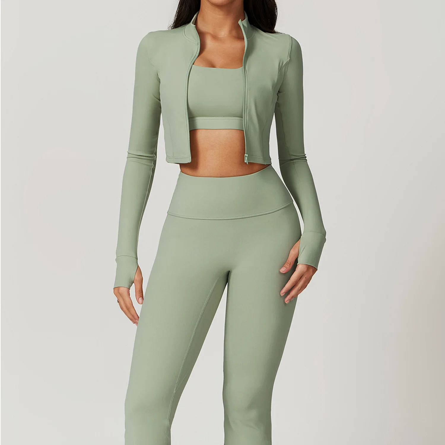 Conjunto de 3 uds de Yoga para mujer, conjuntos de entrenamiento, ropa deportiva para gimnasio, Fitness, cremallera, manga larga, mallas de cintura alta, trajes deportivos, traje de Yoga
