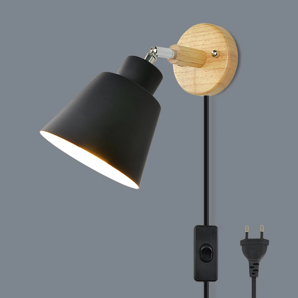 Lámpara de Pared Nórdica para Interiores, DIY, E27, de Madera, 6 Colores, Enchufe EU/UL, 350 °   Lámparas de pared para sala de estar, dormitorio, pasillo, accesorios decorativos