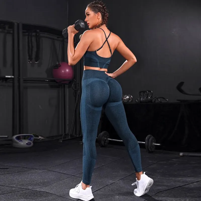 Chándal de Yoga sin costuras para mujer, ropa deportiva de entrenamiento, ropa de gimnasio, Leggings de cintura alta, trajes deportivos de Fitness, 2 piezas