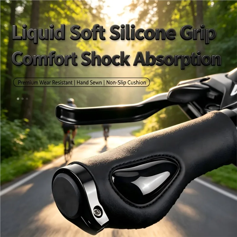 2 pares de puños de silicona líquida para bicicleta, puños de manillar de bicicleta con bloqueo, puños de agarre suave que absorben los golpes, puños de ciclismo de carretera de cuero PU