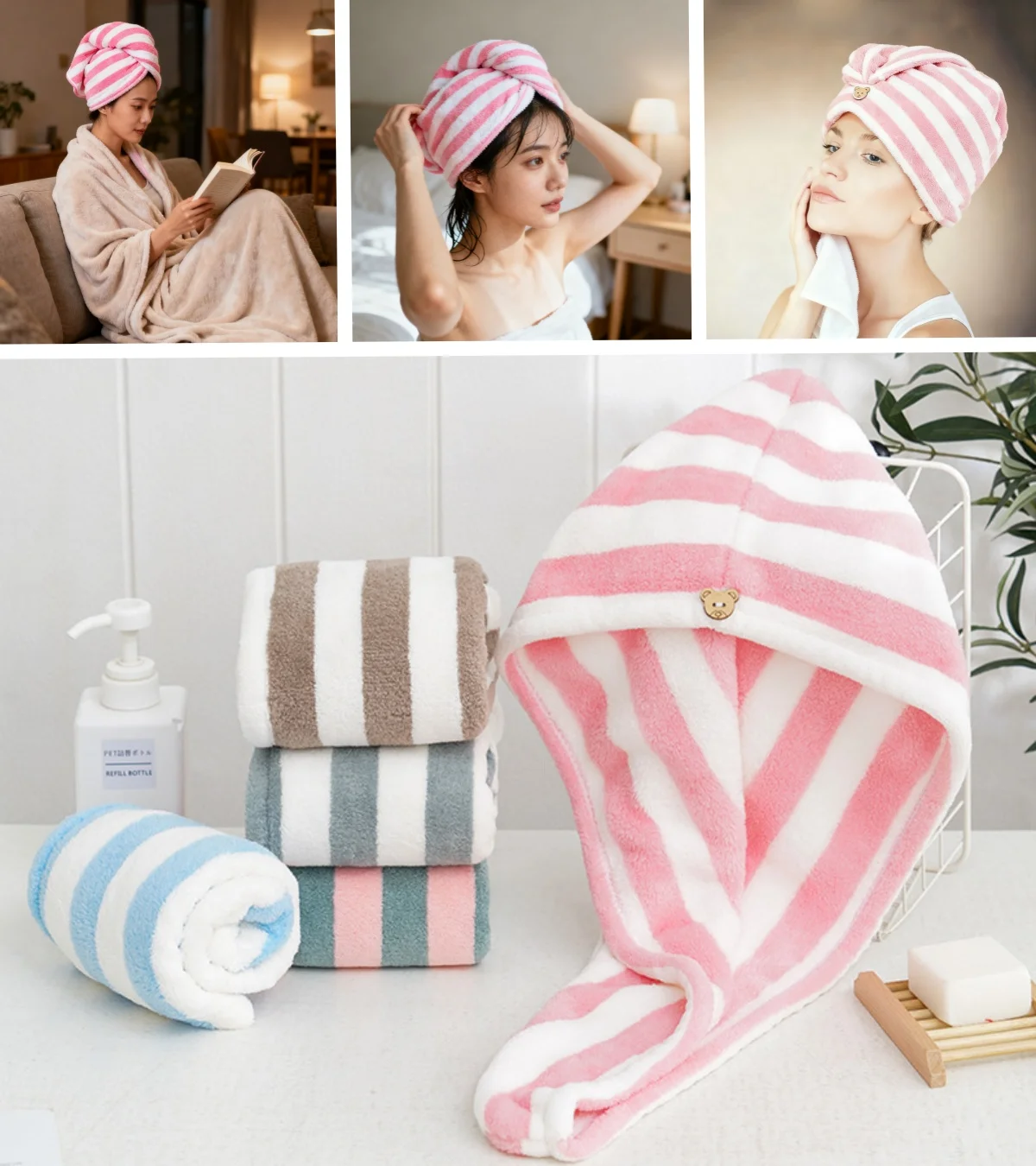 1 Toalla Absorbente para el Cabello de 26x65cm, Toalla de Felpa Coral con Diseño de Rayas Rosa y Azul, Regalo para el Regreso a Clases, para la Vida Diaria de los Estudiantes