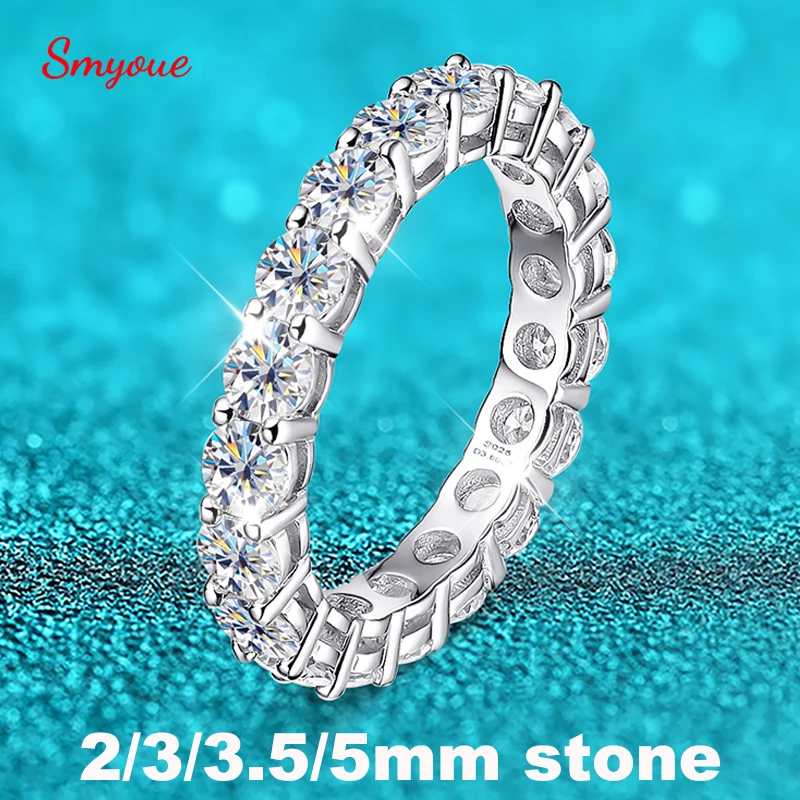 Anillo de moissanita completo Smyoue de 2-5mm para mujer, bandas de eternidad de boda brillantes, joyería de plata de ley 100% S925, anillo clásico