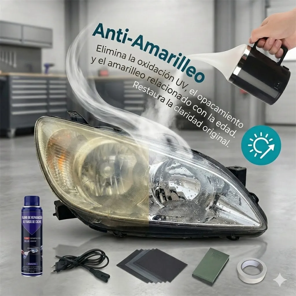 Kit de Restauración de Faros de Coche, Vaso Atomizador de 200ml, Líquido Pulidor, Herramienta DIY para Reparación de Lentes de Faros de Automóvil con Papel de Lija y Cinta Adhesiva