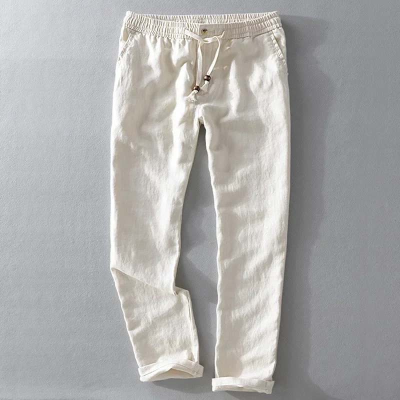 Pantalones de lino para hombre, ropa informal de Color sólido con cuerda de tubo recto, transpirable, novedad
