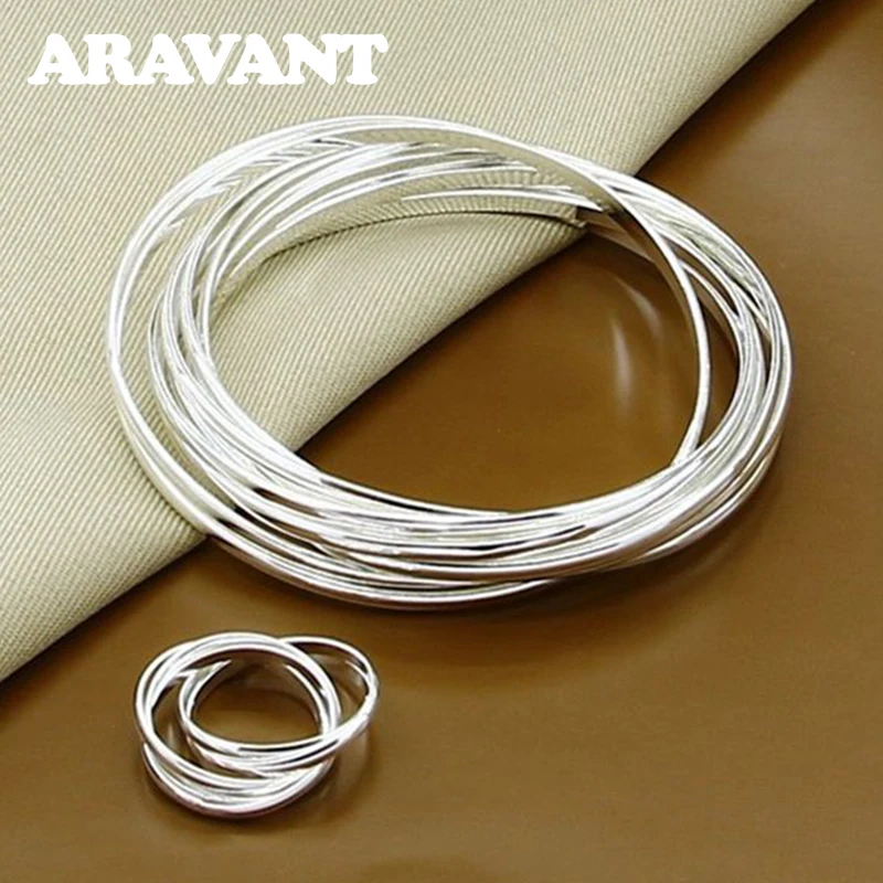 Aravant 925 Plata 10 círculo Triple anillo brazalete conjunto para hombres mujeres joyería de moda