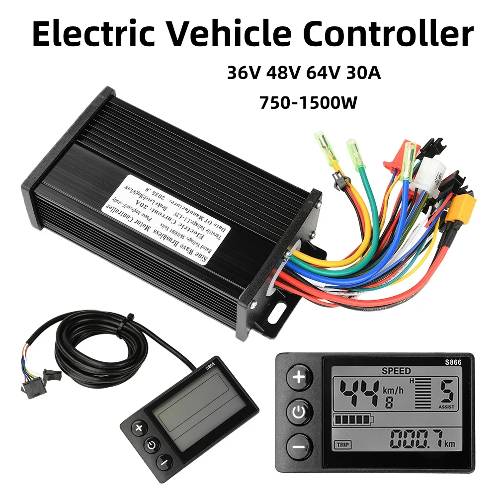 Controlador de Motor para Vehículo Eléctrico de 36V 48V 64V 30A, 750-1500W, Onda Sinusoidal, Controlador de Tres Modos, Conector SM, Instrumento para Bicicleta S866