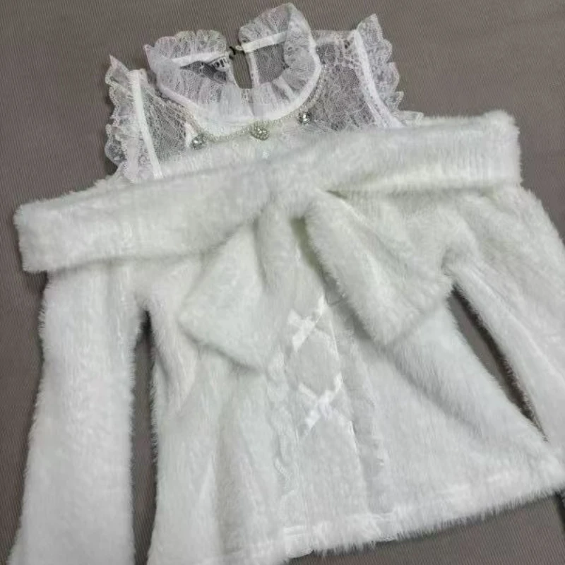 Suéteres de punto estilo Lolita japonesa para mujer, dulces, con encaje, hombros descubiertos, manga larga, estilo Y2K, top holgado para otoño