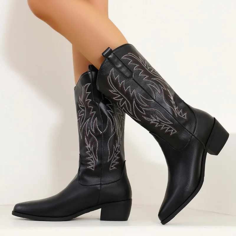 Botas occidentales para mujer, moda Otoño Invierno 2024, botas de vaquero de tacón grueso, estilo Vintage, botas de tacón alto de vaquera occidental campestre