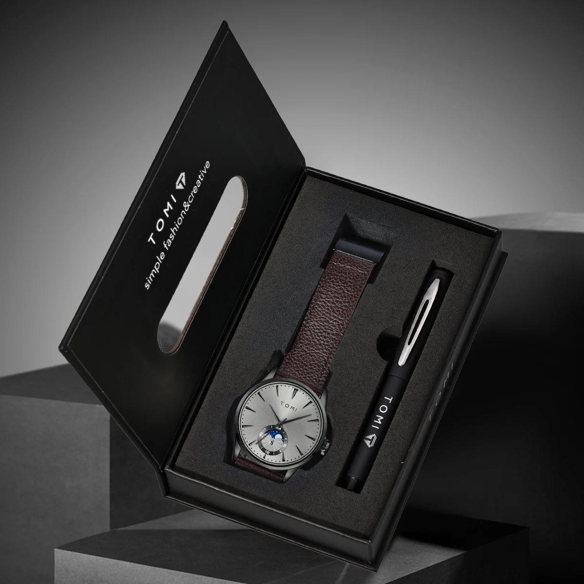 TOMI Set de Regalo de 2 Relojes para Hombre con Bolígrafo, Reloj de Cuarzo de Lujo con Calendario, Ideal para Regalo de Cumpleaños o Festivos