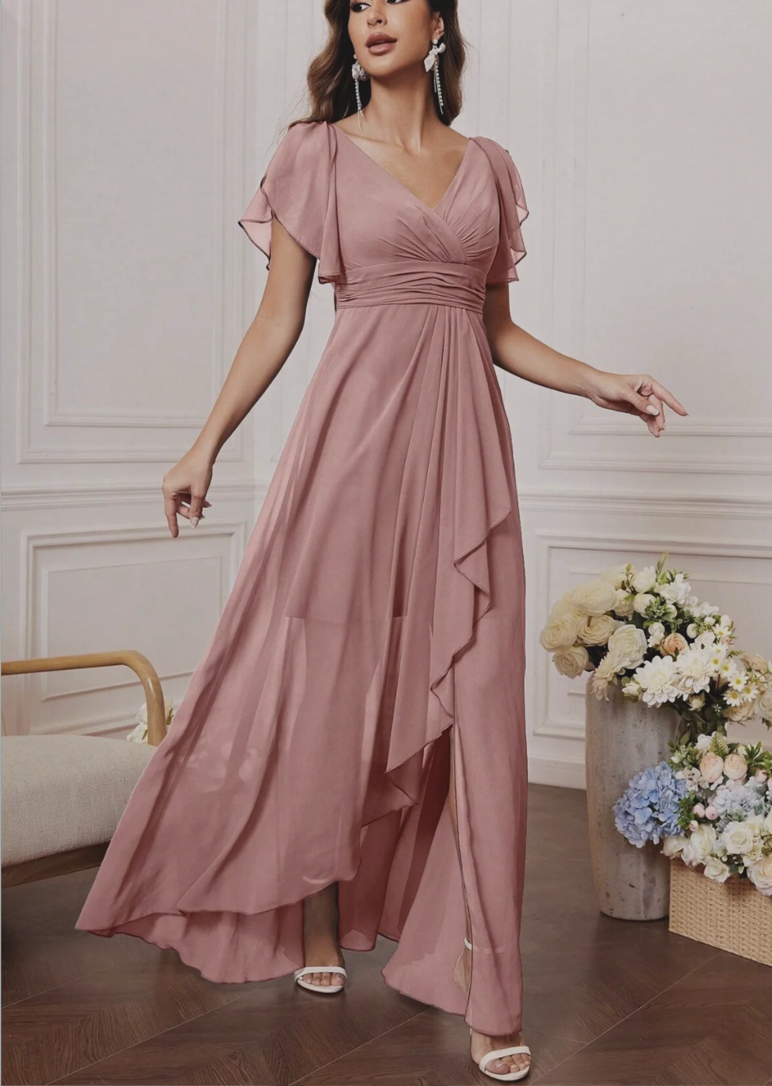 Vestido de gasa con escote en V, mangas con forma de hoja de loto, cintura alta, plisado, falda fluida, vestido para damas de honor, vestido largo de noche de estilo francés.