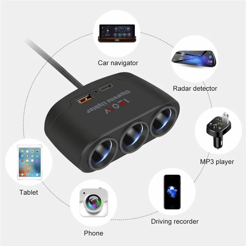 120W USB PD enchufe 3 en 1 divisor de encendedor de cigarrillos de coche 12V 24V enchufe de cargador rápido adaptador de corriente de teléfono para iPhone GPS Dashcam
