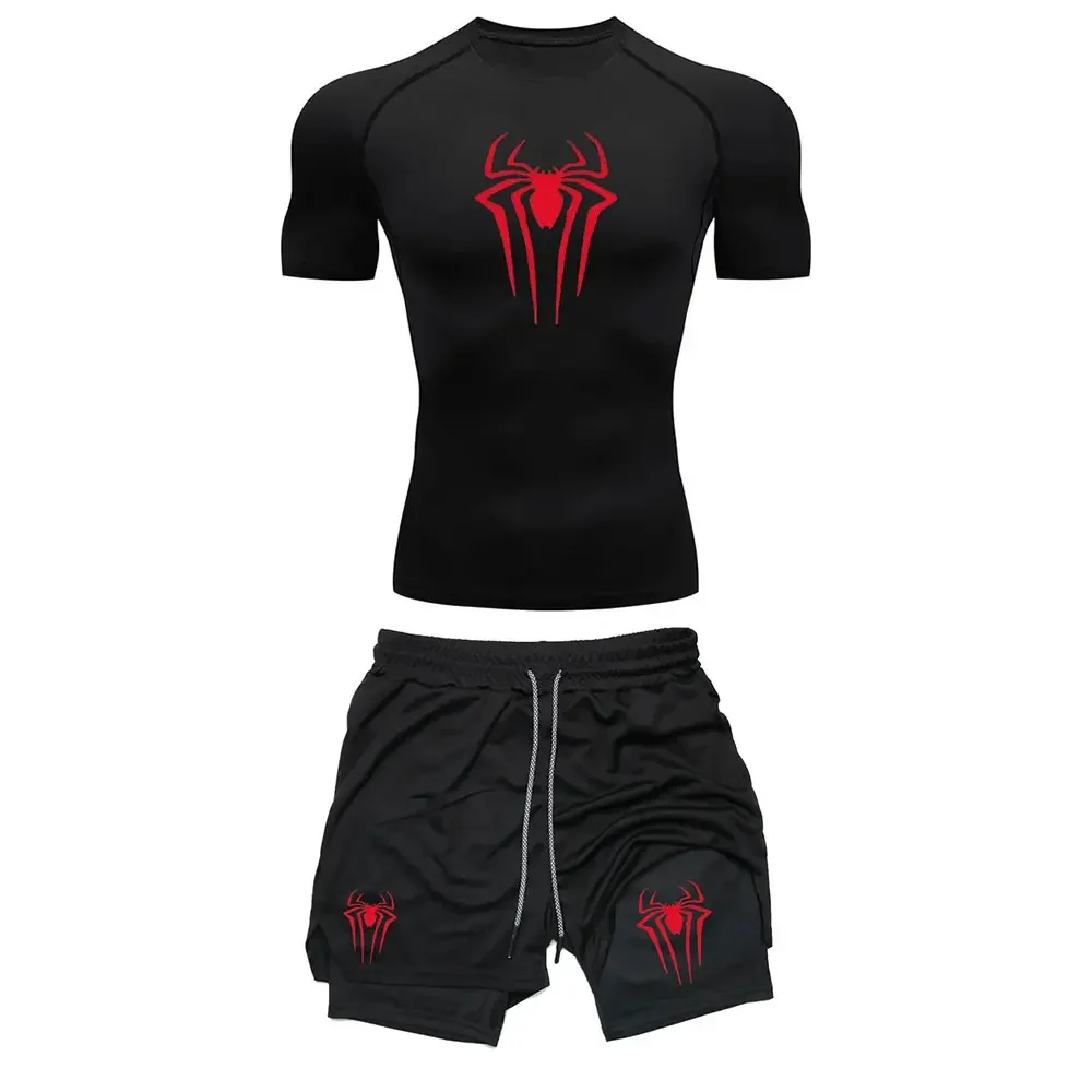 Conjunto de compresión de entrenamiento para hombre, camisetas con estampado de araña Y2K, pantalones cortos transpirables para correr, secado rápido, ropa deportiva