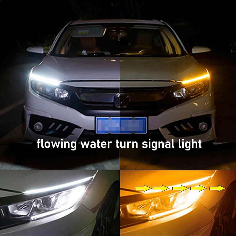 Luz de circulación diurna LED DRL para coche, 12V, 2 uds., Flexible con arranque, escaneo secuencial, luz de señal de giro, tiras de lámpara de faro Universal
