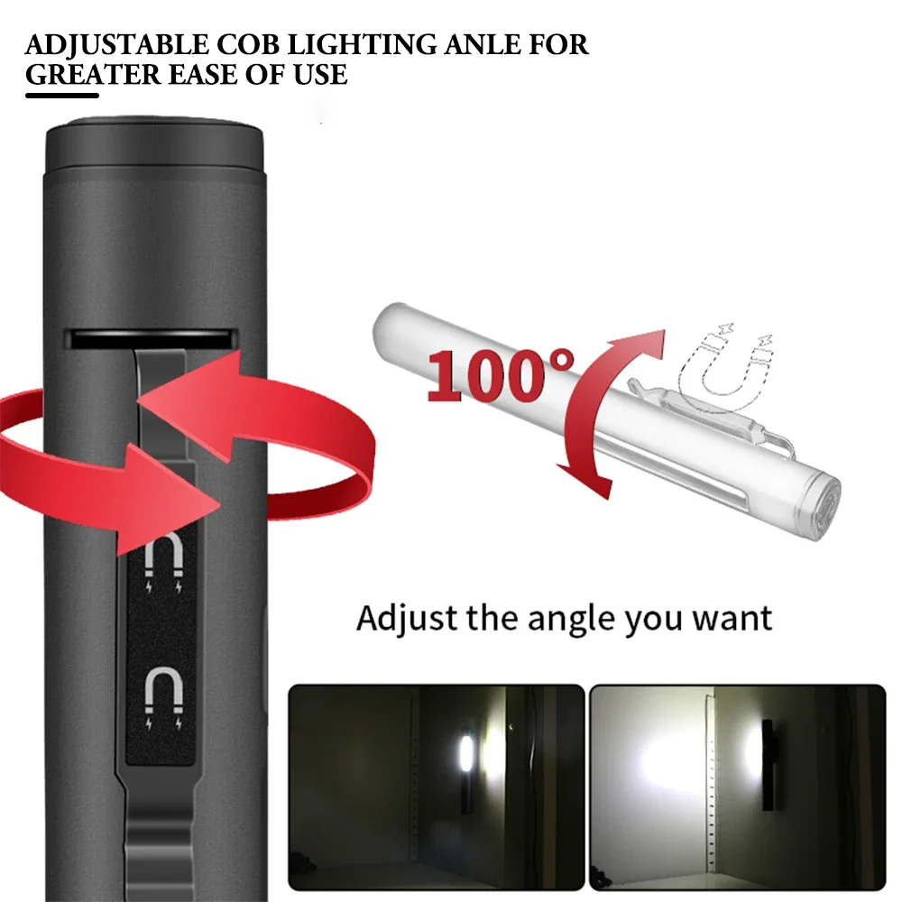 Mini linterna LED con llavero, lámpara portátil de 300LM con imán de Clip XPE + COB, linterna recargable tipo C para acampar
