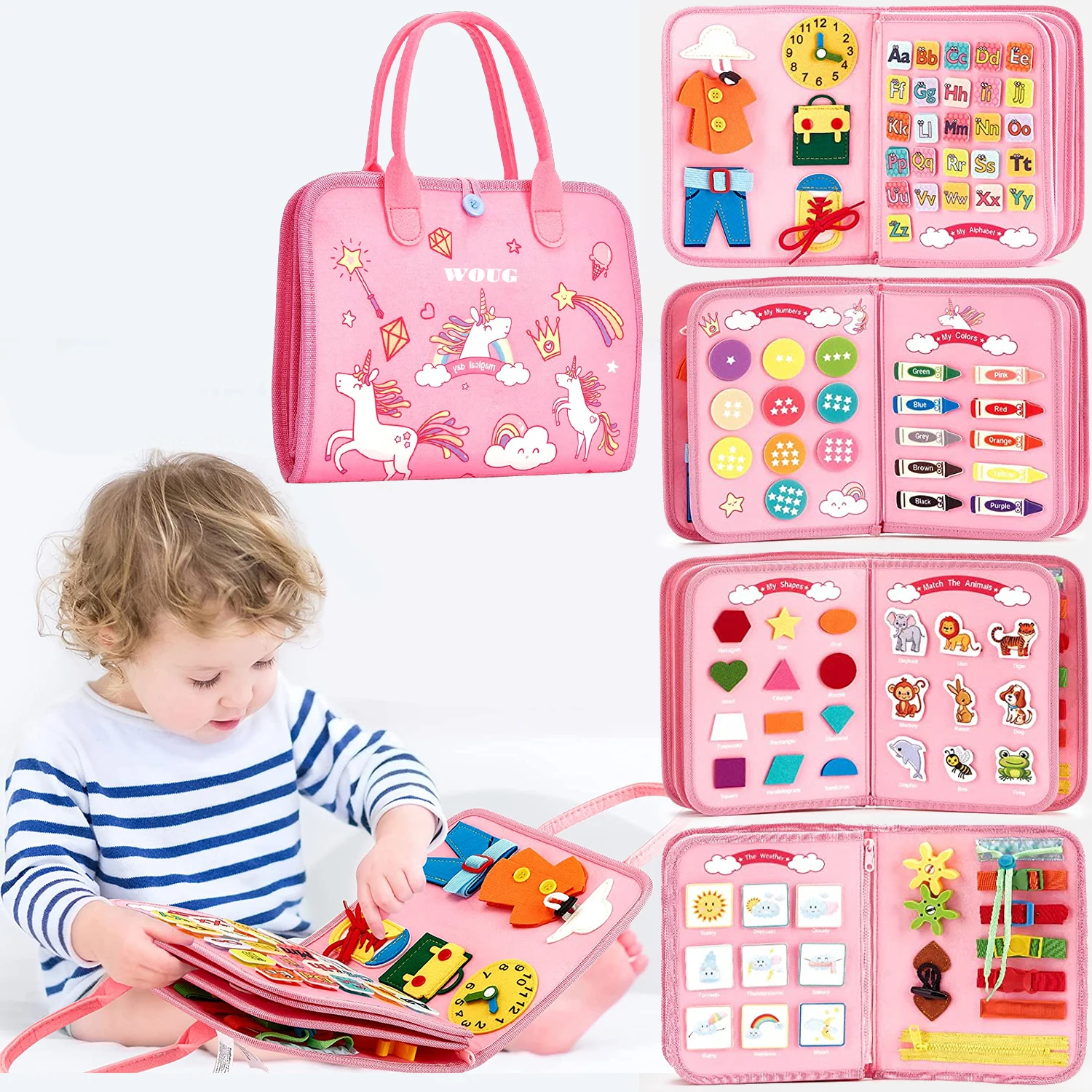 Juguetes Montessori, tablero ocupado, tablero de desarrollo de actividades sensoriales para niños pequeños para habilidades motoras, juguetes educativos de actividades de viaje