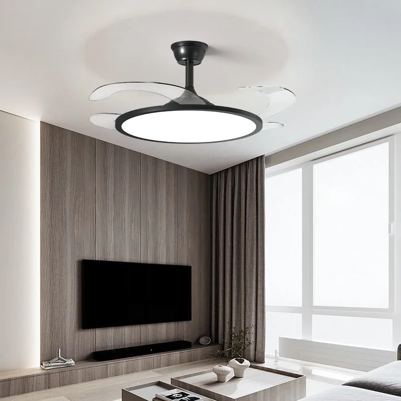 Ventilador de techo moderno invisible con luz LED, motor DC, gran volumen de aire, control remoto para dormitorio y comedor