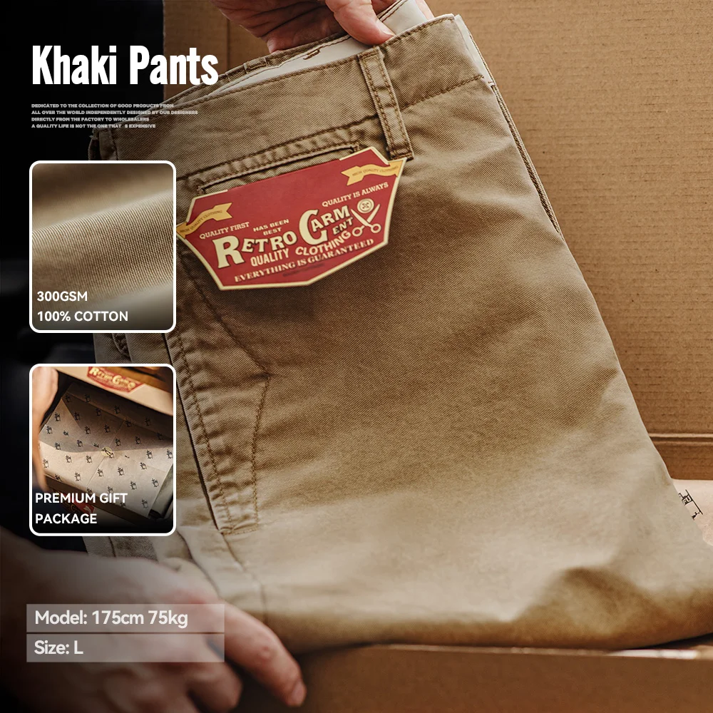 Maden presenta pantalones casuales vintage para hombre en color caqui, hechos de sarga de algodón pesado. Corte recto clásico, perfecto para el trabajo en otoño, con cierre de cremallera que brinda comodidad y estilo