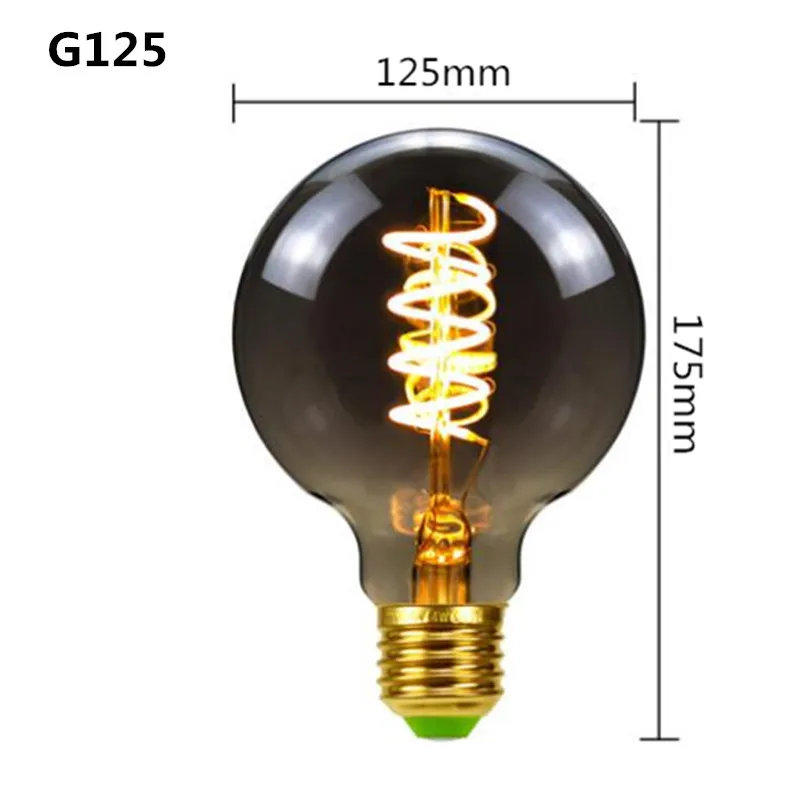 LED E27 ST64 G80 G95 G125 4W regulable 220V gris ahumado cálido bombilla de filamento GSpiral Retro Vintage iluminación decorativa lámpara Edison