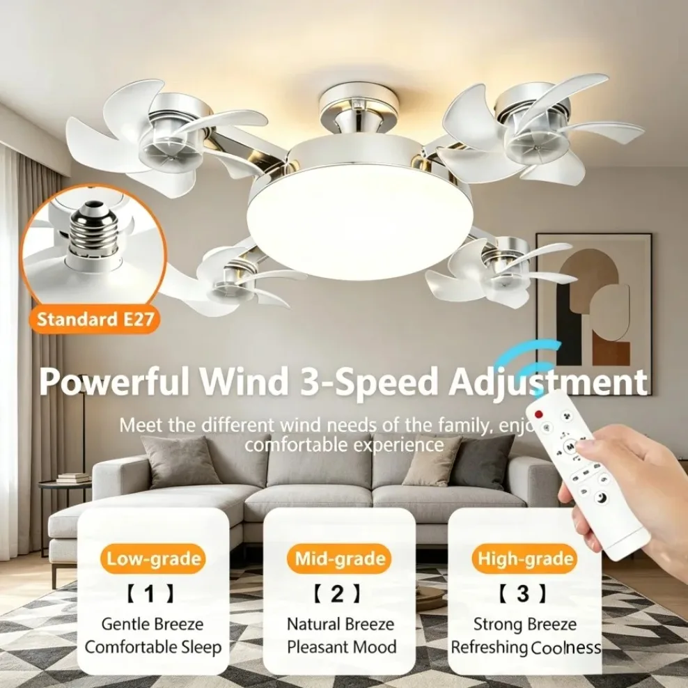 Bombilla de Luz con Ventilador E27 3 en 1, Diseño de Dron, 3/4 Aspas, Control Remoto, Lámpara de Techo con Ventilador, AC85V-265V, para Dormitorio, Restaurante, Sala de Estar