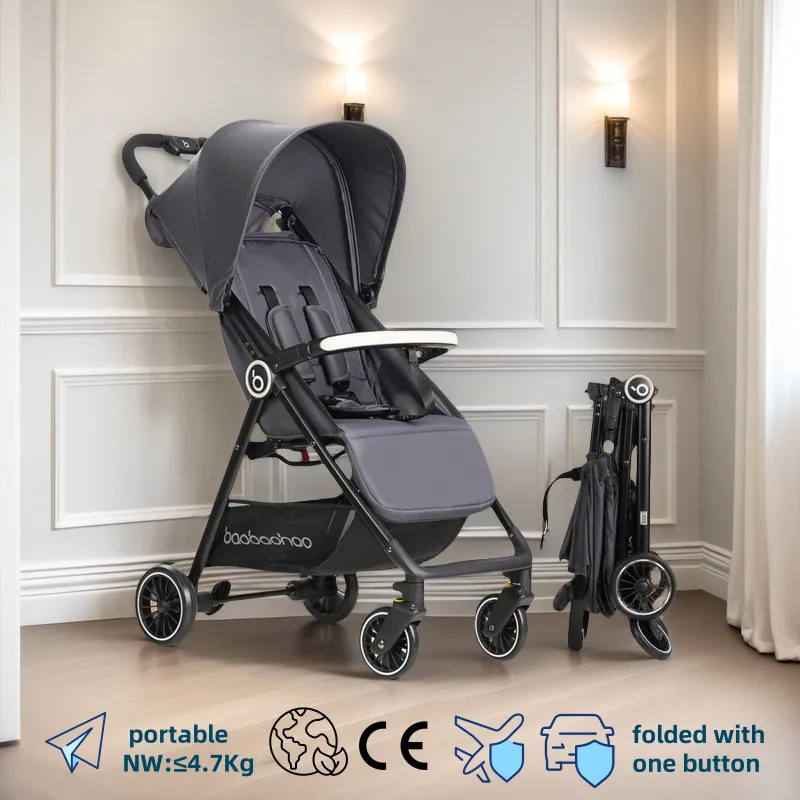 Cochecito de bebé ligero de color negro, de 4,7 kg, portátil y adecuado para usar en aviones, trenes, coches, en casa y en el trabajo. Cochecito de viaje práctico.