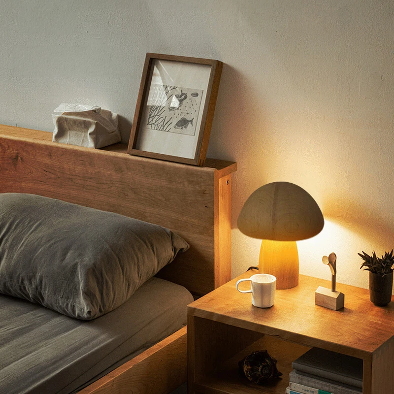 Luz nocturna de setas de madera, Interruptor táctil, lámpara de mesita de noche para dormitorio, madera de haya y nogal, luz de escritorio regulable cálida, recargable por USB
