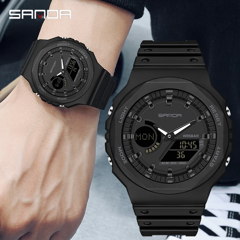 SANDA-reloj deportivo militar para hombre, cronógrafo de cuarzo, resistente al agua, con pantalla Dual LED, Digital