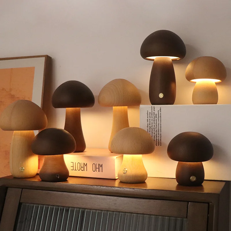 Luz nocturna de setas de madera, Interruptor táctil, lámpara de mesita de noche para dormitorio, madera de haya y nogal, luz de escritorio regulable cálida, recargable por USB