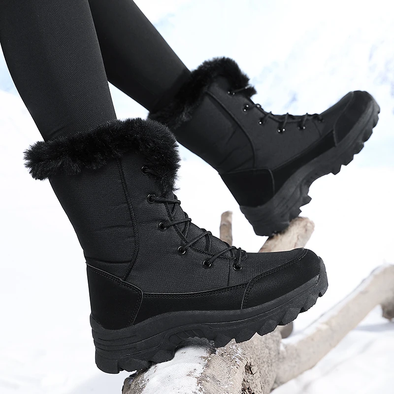 Botas de nieve de invierno para mujer, impermeables, antideslizantes, cálidas, estilo noreste, zapatos grandes de algodón, botas de esquí, forradas de lana, gruesas, resistentes al desgaste, botas altas de algodón