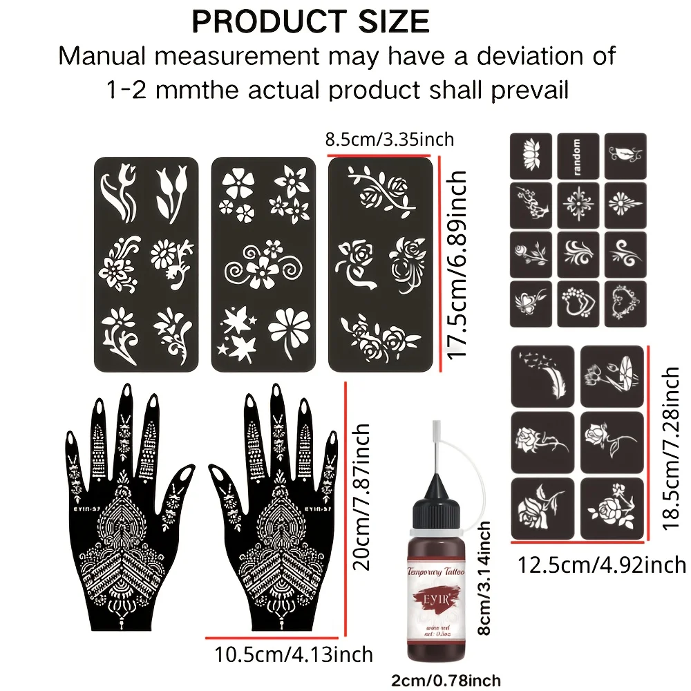 Kit de Tatuajes de Henna, 9 Colores, Pasta para Tatuajes con Plantillas, Arte Corporal Temporal, Pintura a Mano DIY, Decoración para Fiestas y Festivales