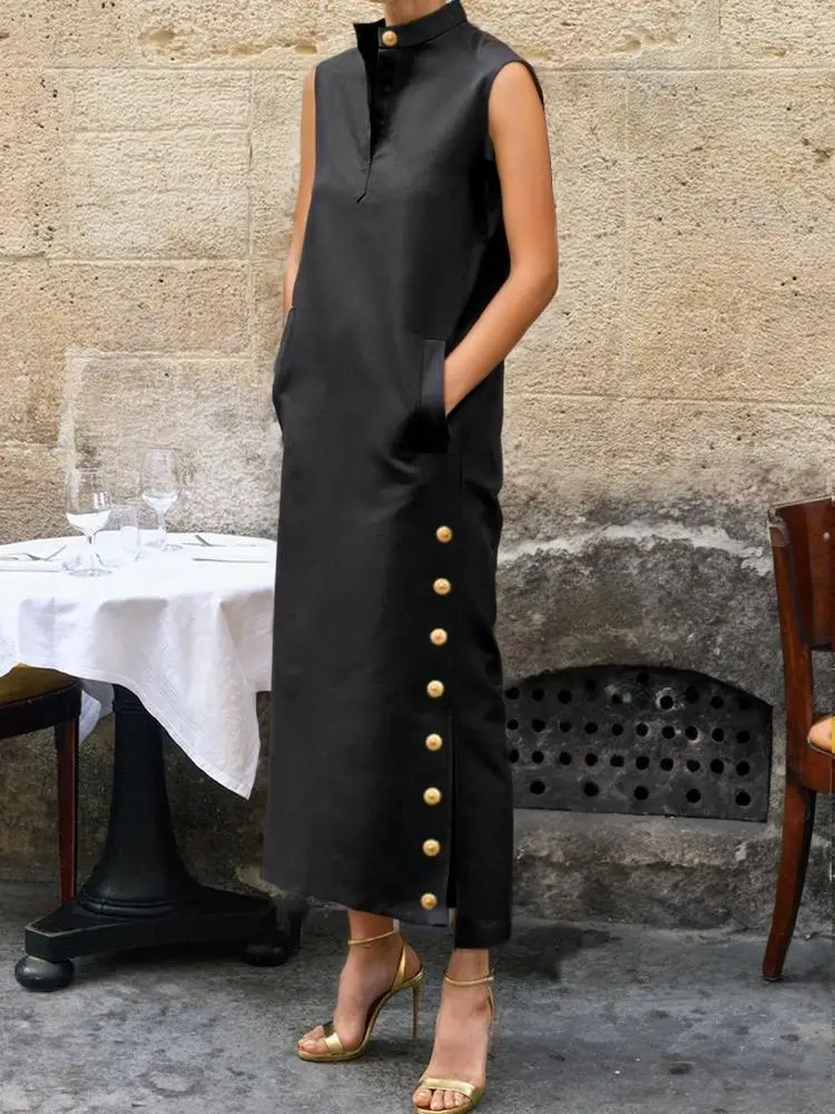 Vestido de Noche Yeezzi para Mujer, con Botones Laterales, Cuello Alto, Sin Mangas, Color Sólido, Corte en H, Estilo Casual, Nuevo 2026