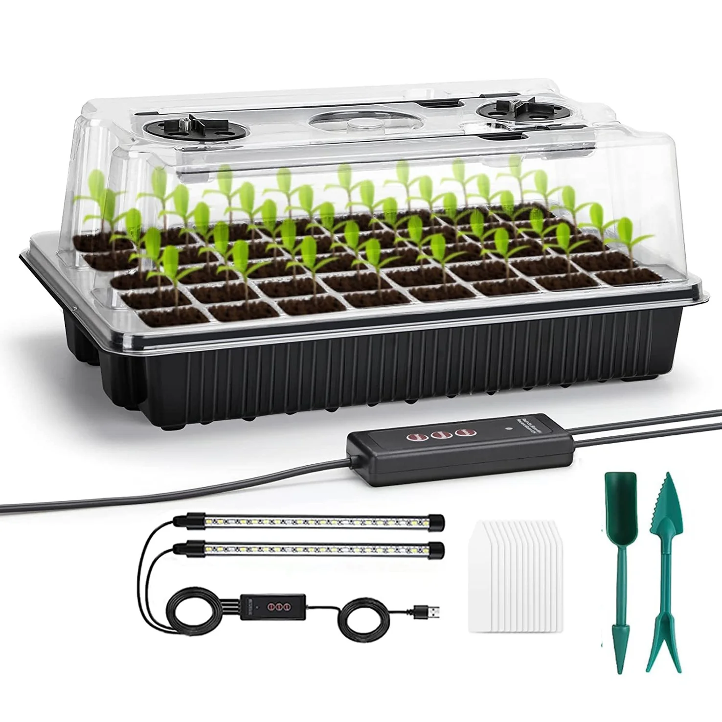 1 Juego, bandejas de inicio de semillas con 2 luces de cultivo de tira larga, Kit de inicio de semillas de 40 celdas con cúpula de humedad para jardín doméstico