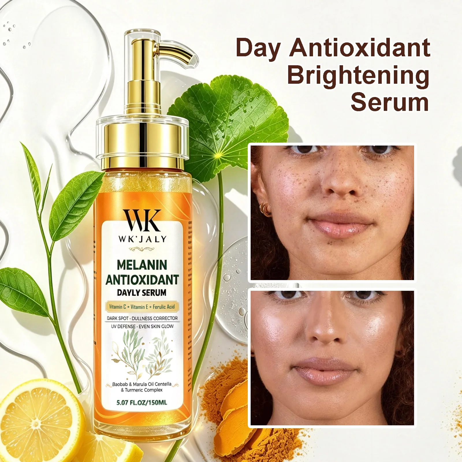 Suero Diario Antioxidante con Melanina WK JALY, con Aceite de Baobab, Aceite de Marula, Corrector de Manchas Oscuras y Opacidad, Esencia para un Brillo Uniforme de la Piel