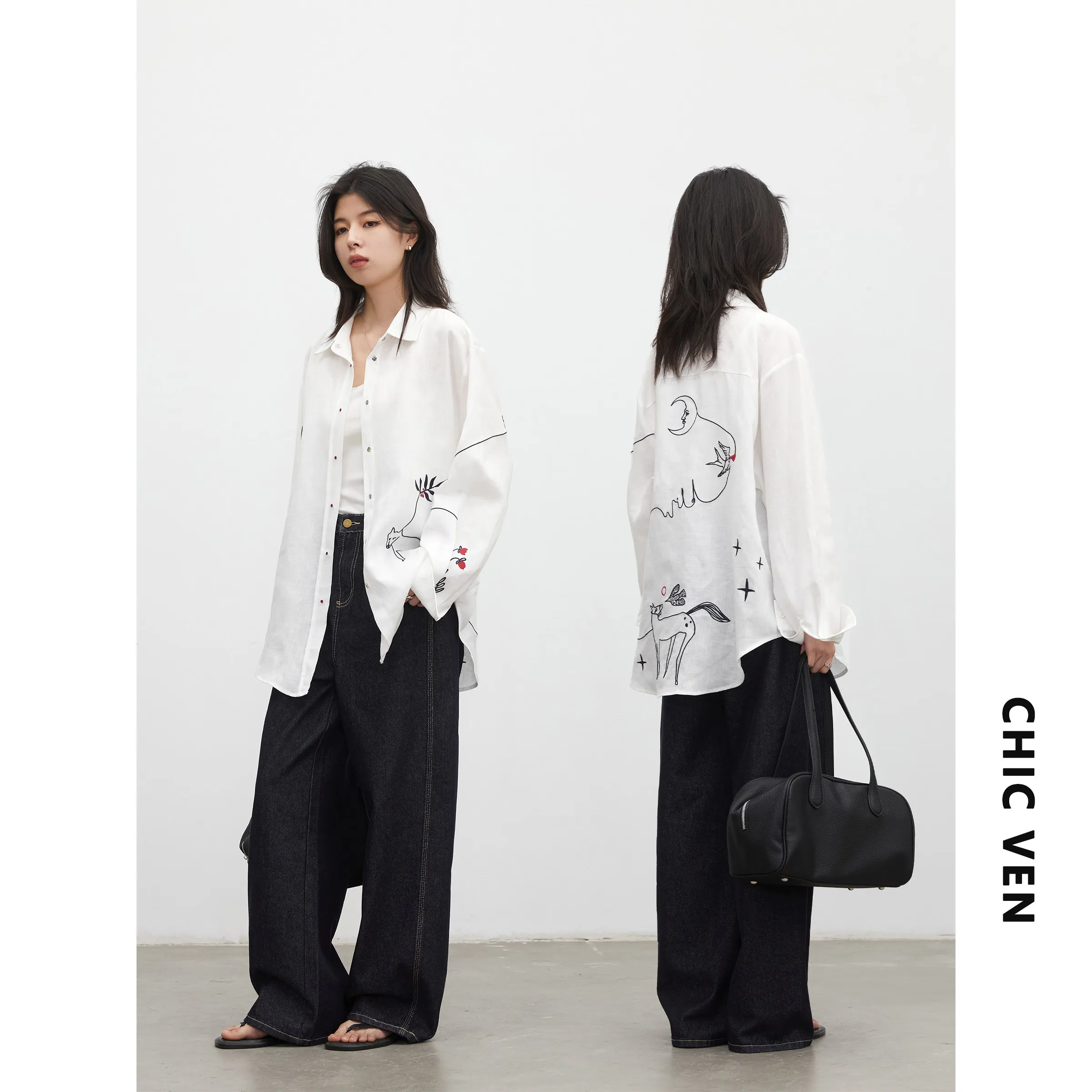 Camisa de Moda CHIC VEN para Mujer, Blusa Blanca de Manga Larga con Botones, Estilo Casual Holgado, Bordado de Poni, Primavera Verano 2026