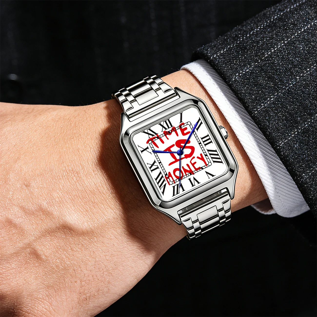 Reloj de Cuarzo TIME IS MONEY para Hombre, Diseño Cuadrado de Acero Inoxidable, Resistente al Agua, de Alta Gama para Negocios