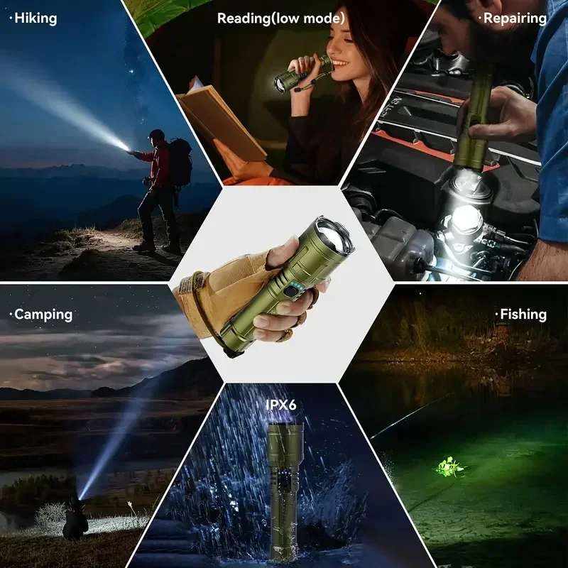 Combo de linterna, encendedor y banco de energía, recargable, haz súper brillante con zoom, linterna de 5 modos para emergencias de acampada al aire libre