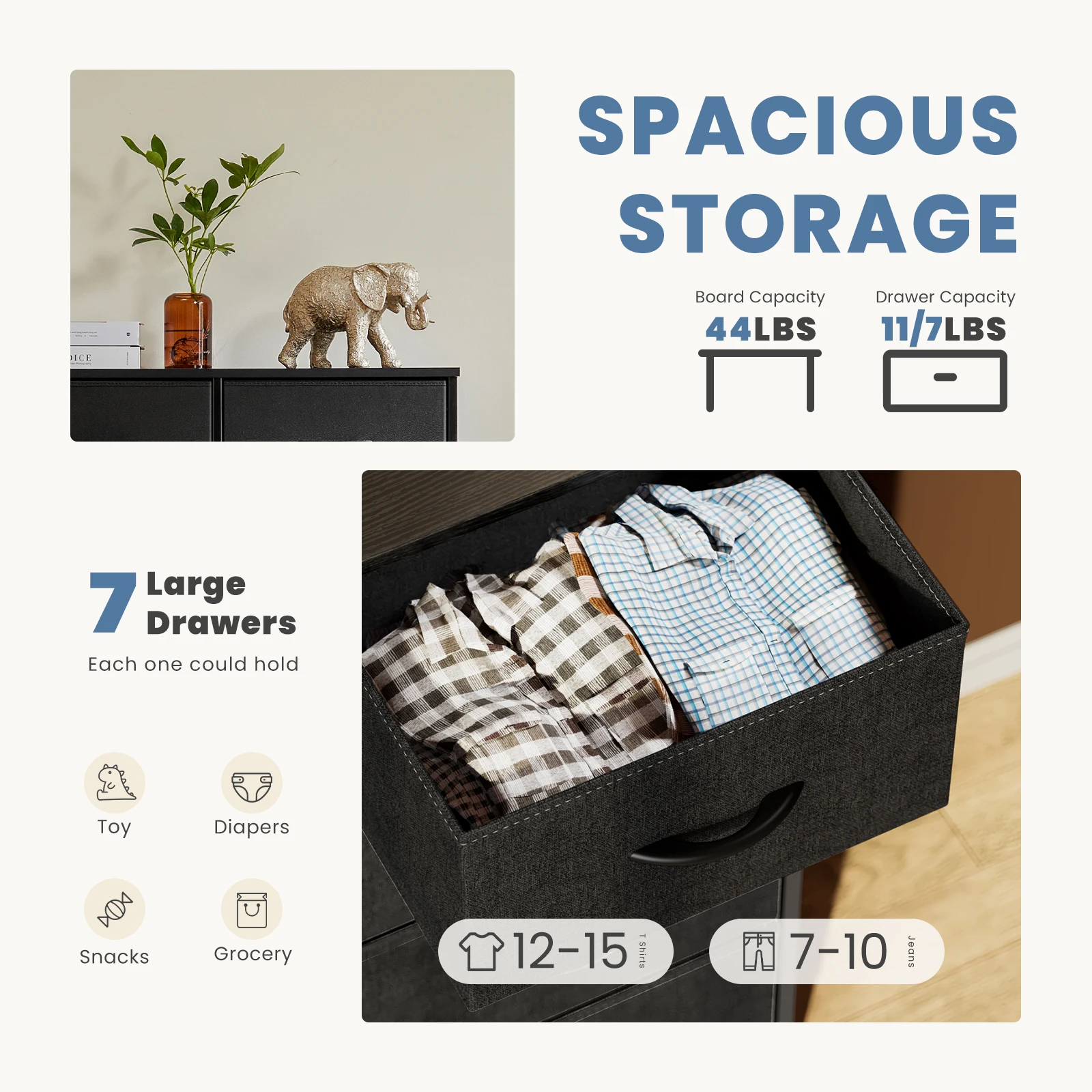 JHK Desser para dormitorio con 7 cajones de tela, organizador, armario de almacenamiento, pecho, ropa para sala de estar, vitrina de muebles