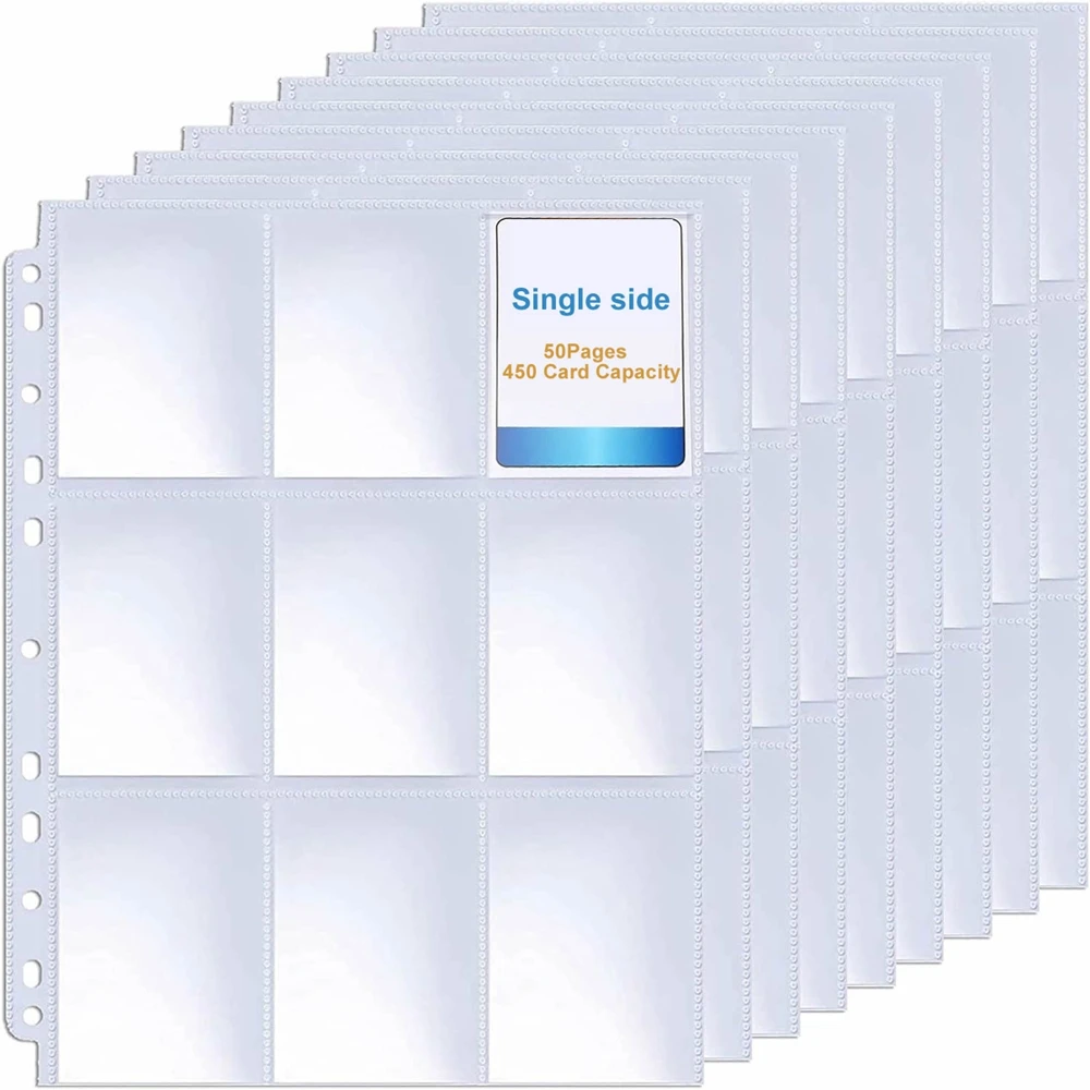 Fundas para álbum de tarjetas comerciales de un solo lado, 450 bolsillos, protectores de juego de plástico transparente con 9 bolsillos, tarjetas de béisbol de Pokémon, 50 páginas