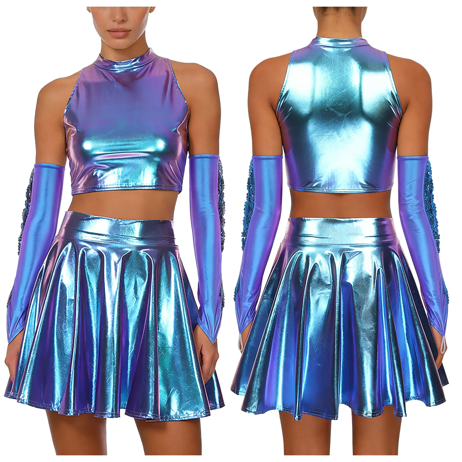 Traje de Danza Hip Hop y Jazz para Mujer, Chaleco Corto Metálico Brillante con Falda, Guantes con Lentejuelas y Flecos, Atuendo de Animadora, Ropa de Baile, Ropa de Club