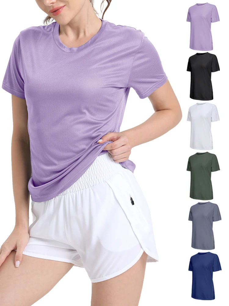 Camiseta deportiva ultraligera de secado rápido de Color sólido para mujer, ligera y transpirable, camiseta de compresión para gimnasio para correr
