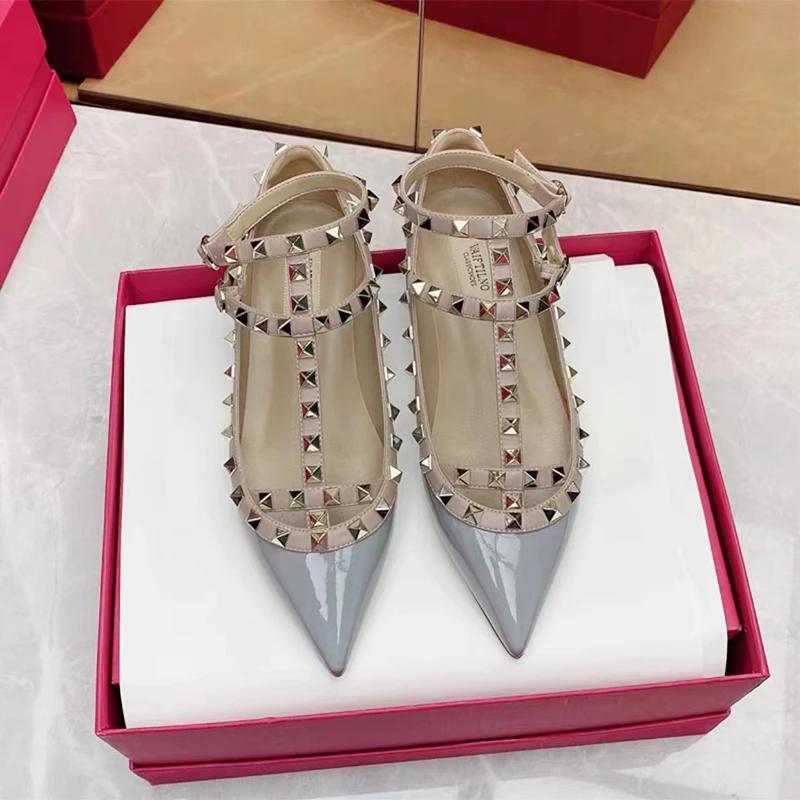 Zapatos planos de lujo para mujer, de marca de lujo, con remaches, de diseñador, con punta en pico y correa al tobillo, informales y cómodos.