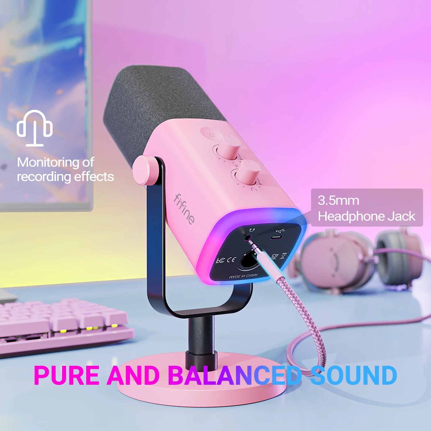 FIFINE-micrófono dinámico USB/XLR con Control RGB, Conector de auriculares/silenciador, para PC, juegos, YouTube, transmisión en vivo, AmpliGame-AM8P