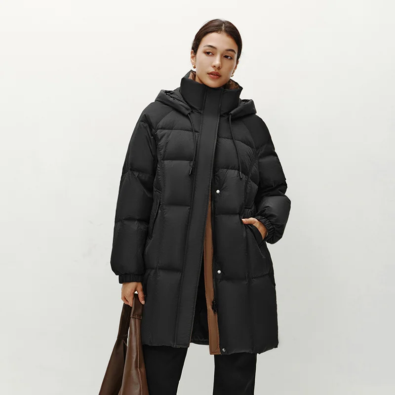 Chaqueta de Plumón Semir para Mujer, Larga, con Capucha, Negra, Invierno 2026, Nueva, Holgada, Abrigo de Moda