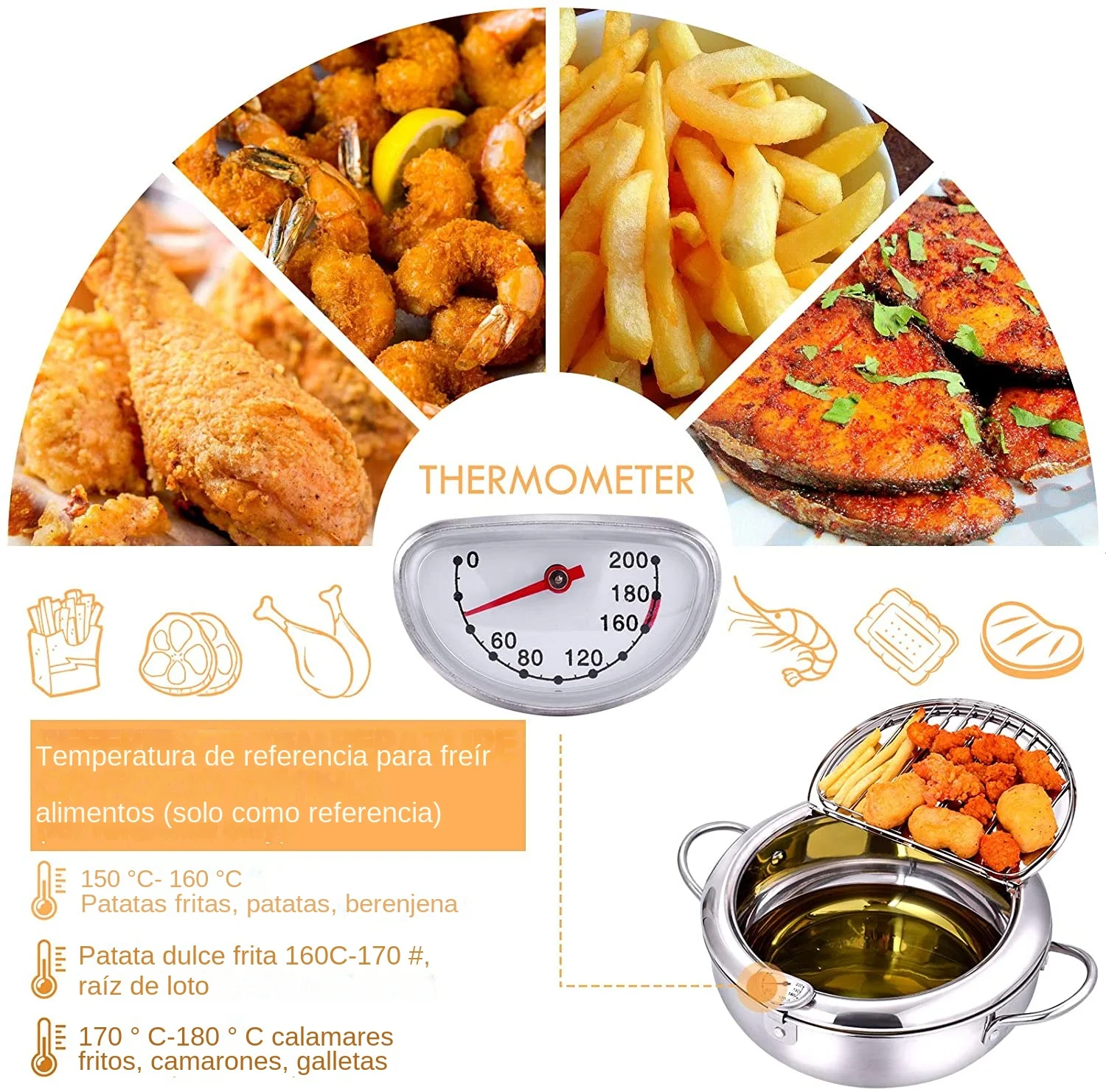 LMETJMA-Sartén japonesa con termómetro y tapa, sartenes de acero inoxidable 304 para cocina, freidora tempura de 20 y 24 cm, KC0405