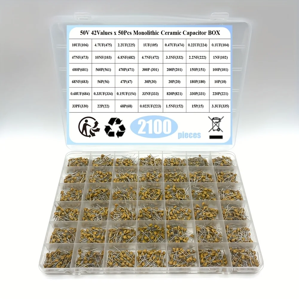 Condensador cerámico monolítico de 42 valores x 50 piezas, 10pF ~ 10uF, Kit surtido de condensadores cerámicos 1UF 100NF 330NF 0,1 UF 102 104 105 caja