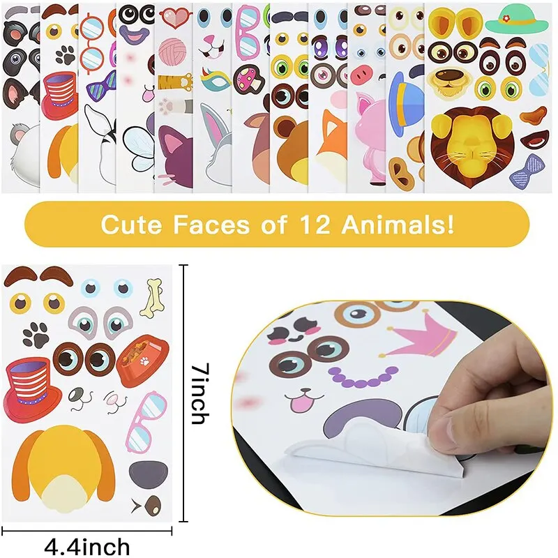 Juego de pegatinas de rompecabezas DIY para niños, 12 hojas, Cara de animales, ensamblaje divertido, pegatinas, juguetes educativos, regalos para niños y niñas