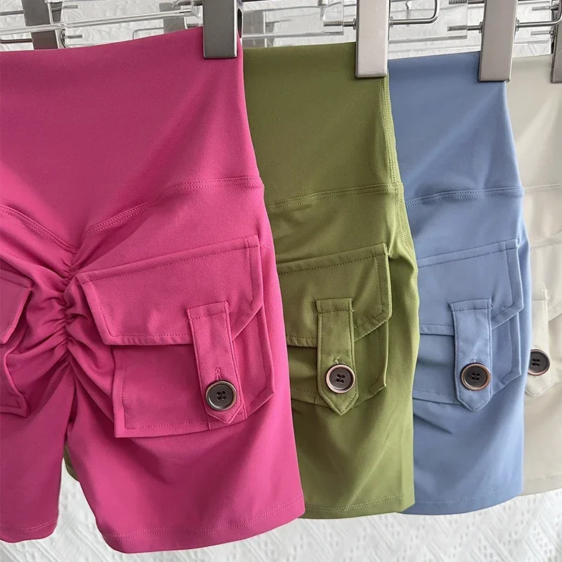 Pantalones cortos deportivos de cintura alta color melocotón con bolsillo para Yoga, mallas de secado rápido para entrenamiento de gimnasia, pantalones cortos deportivos para ciclismo al aire libre