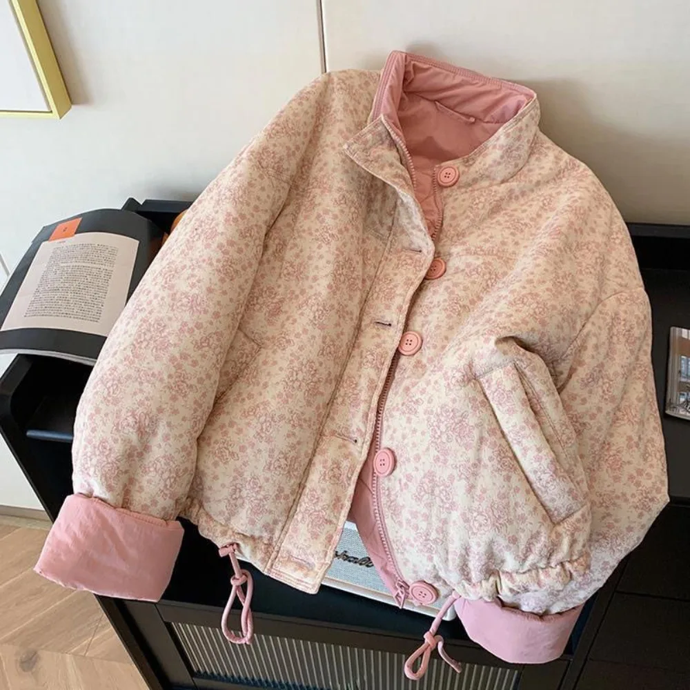 2025 Chaqueta literaria coreana con estampado suave para Mujer, Chaqueta corta con cuello levantado, chaqueta reductora de edad, informal, cálida y gruesa con paneles para Mujer
